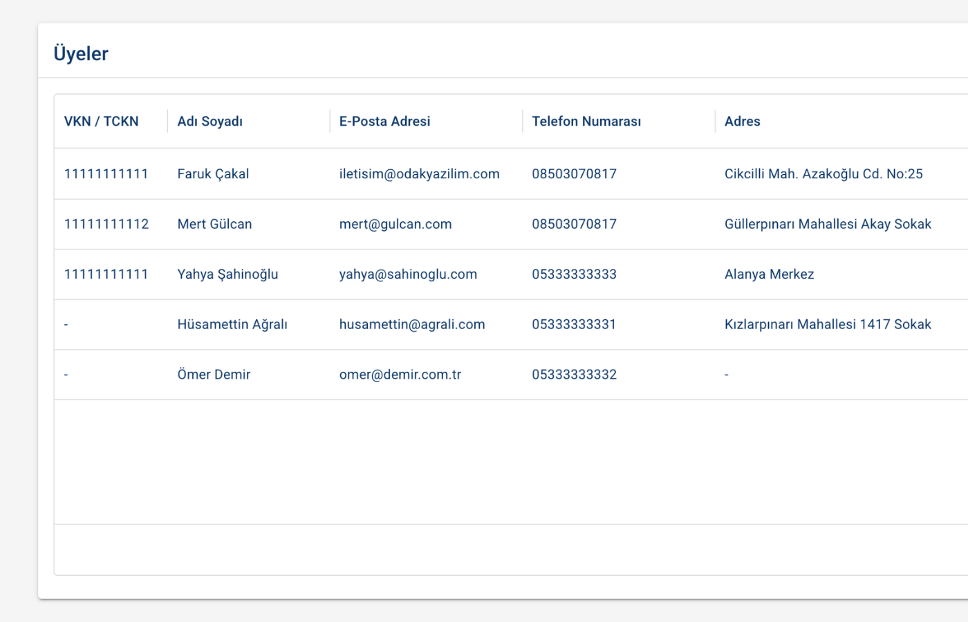 Üye Yönetimi ekran görüntüsü